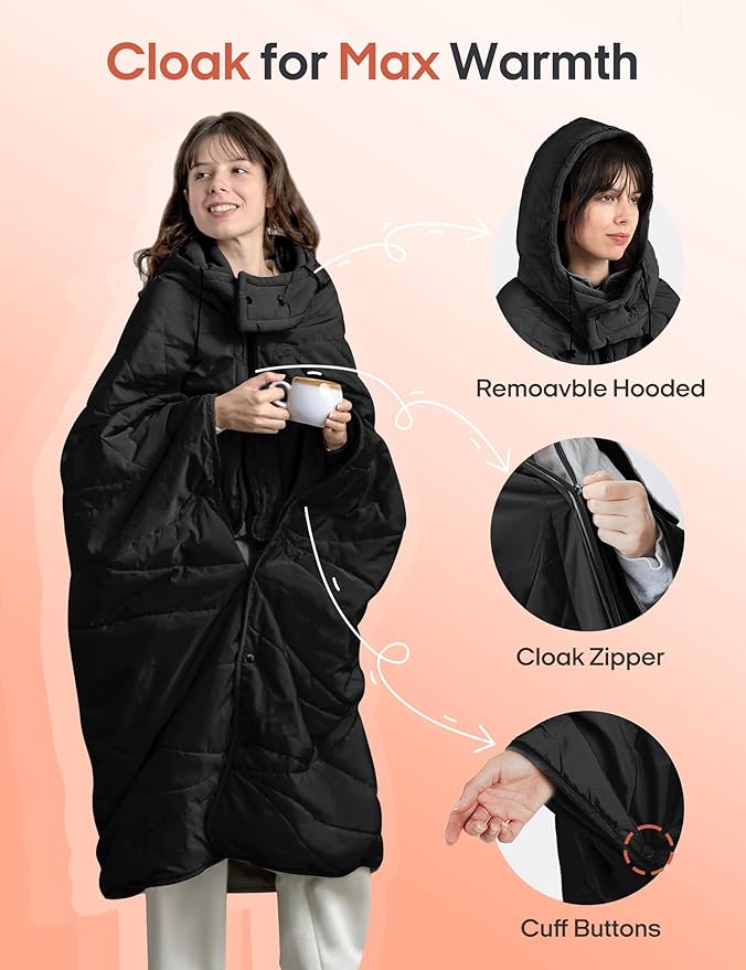 ZonLi Heated Blanket Battery Operated, Wearable Portable Electric Blanket with Rechargeable Battery, 50"x60" Cordless Heated Blanket, Waterproof, Machine Washable(Black)