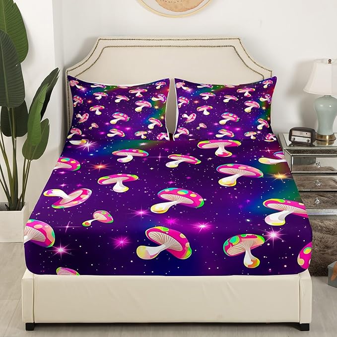 Manfei Mushroom Sheet Set Full,Starry Sky Galaxy Universe Bed Sheet 4pcs with Deep Pocket Fitted Sheet + Flat Sheet + 2 Pillowcases Plant Botanical Theme Bedding Set for Kids Teens Room Decor,Purple