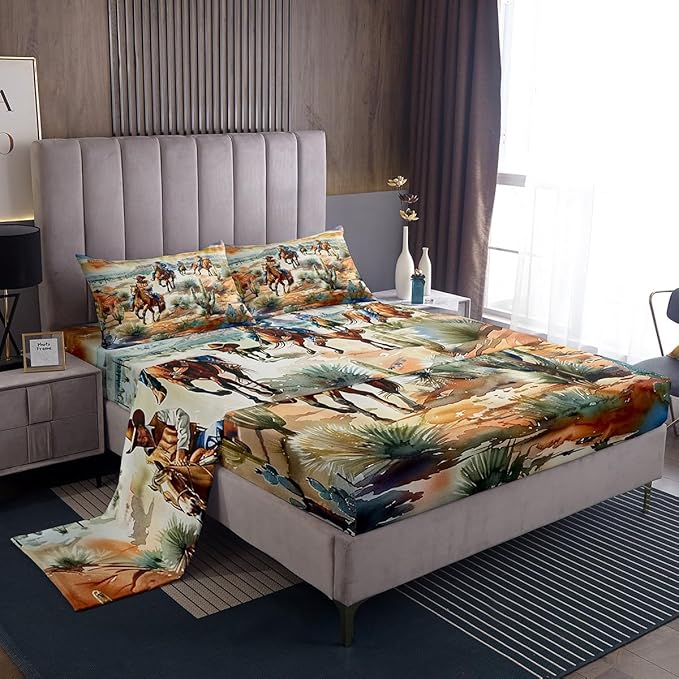 Manfei Western Cowboy Kids Sheet Twin Size,West Horse Desert Cactus Bedding Set, Vintage Tribal Retro Boys Girls Room Decor, Yellow Green Sheet(Fitted+Flat+1 Pillowcase)