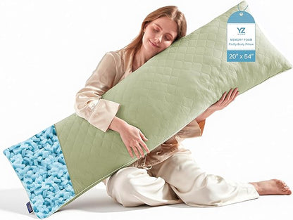 YZ HOME Long Body Pillow for Adults - Firm Body Pillow Insert with Shredded White Memory Foam, Adjustable Height, Soft Support for Side Sleeping, Pregnant Women, Washable (Green, 20x54 Inch)
