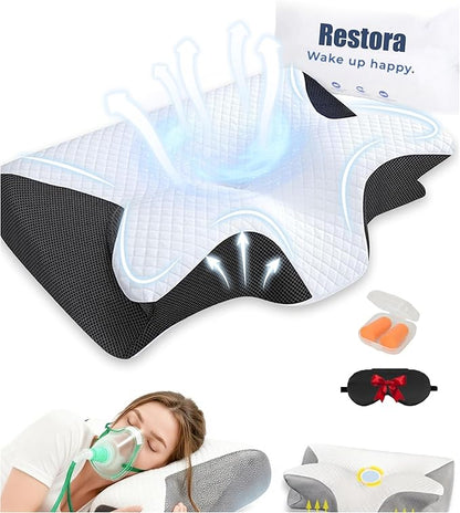 Official Pillow for Sleep Apnea, 15° Neck Elevation Design Odorless Orthopedic Cervical Neck Traction Pillows, Memory Foam Contour Pillow Snoring,Sleep Apnea Pillows for Sleeping, Hollow Design(Black)
