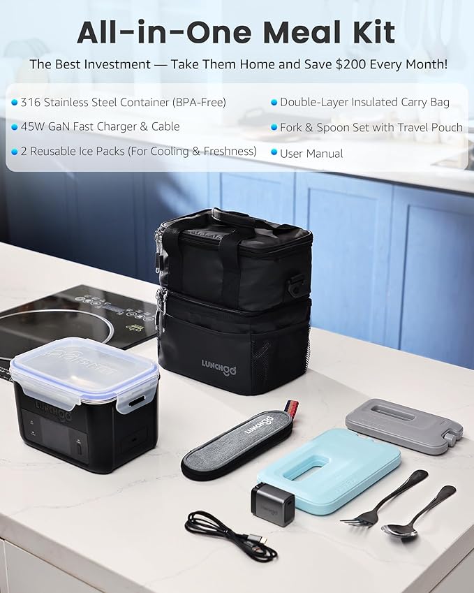 LUNCHGO® G1-Long Range(103 Wh), Smart Electric Heated Lunch Box – Cordless, 5 Cups Capacity, Battery Powered, 250°F Max, Scheduled Heating, Perfect for Outdoor Work, On-The-Go Meals (Carbon Black)
