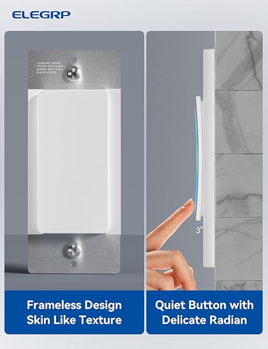 ELEGRP Smart Light Switch, 2.4GHz Wi-Fi Light Switch Compatible with Alexa & Google Assistant, Neutral Wire Required, APP Control and Timer Schedule, UL Certified, Single Pole/3 Way, White, 6 Pack
