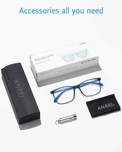 ANRRI Blue Light Blocking Glasses, Anti Eyestrain Lens Lightweight Frame Eyeglasses, Blue, Men/Women