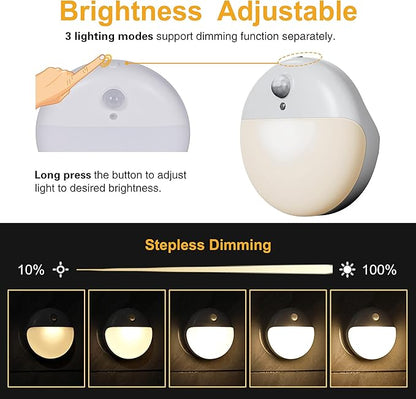 2 Pack Motion Sensor Light Indoor, 2.6" Small Stick on Lights for Stairs, Bathroom, Dimmable Battery Night Light, 3 Light Modes, Soft LED Light for Travel, Toliets, Bedroom, Kids, Warm White