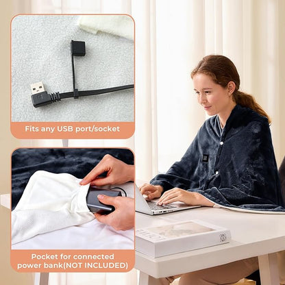 JOLLYVOGUE USB Heated Blanket Throw, Wearable & Portable Heating Electric Blanket for Adults, 3 Levels & 8 Heating Zone Shawl for Indoor & Outdoor, Blue (Battery Not Included)