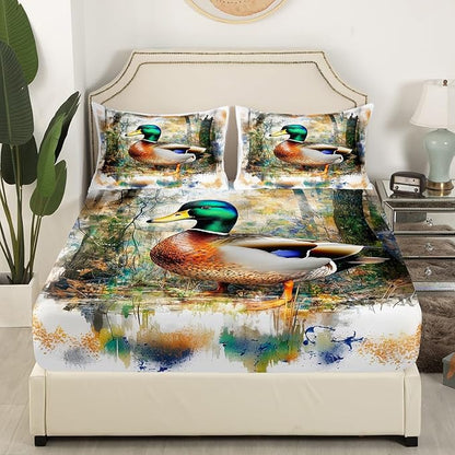 Mallard Duck Kids Fitted Sheet Full Size,Tie-dye Graffiti Jungle Rustic Bedding Set,Boys Girls Room Decor,Hunting Animal Lake House Fishing Bed Cover,Green Bed Sheet,2 Pillowcases(No Top Sheet)
