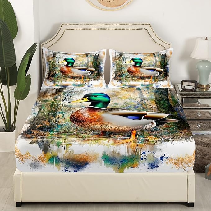Mallard Duck Kids Fitted Sheet Twin Size,Tie-dye Graffiti Jungle Rustic Bedding Set,Boys Girls Room Decor,Hunting Animal Lake House Fishing Bed Cover,Green Bed Sheet,1 Pillowcase(No Top Sheet)