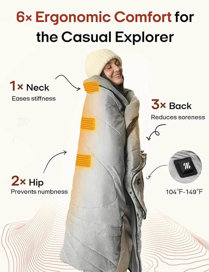 ZonLi Heated Blanket Battery Operated, Wearable Portable Electric Blanket with Rechargeable Battery, 50"x60"Cordless Heated Blanket, Waterproof, Machine Washable(Light Gray)