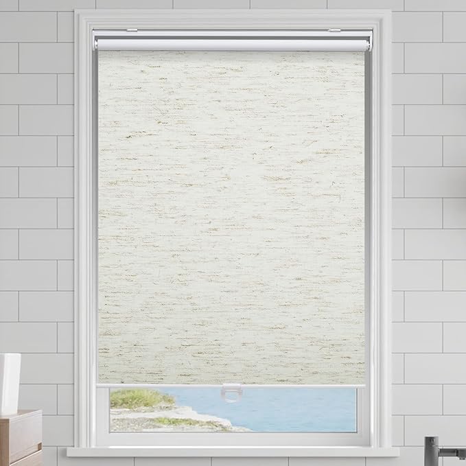 Cordless Roller Shades Blackout Blinds for Windows Room Darkening Rolled Up Shades with Spring System, UV Protection Natural Linen Fabric Window Shades Door Blinds for Home（27" W x 72" H, Linen Cream