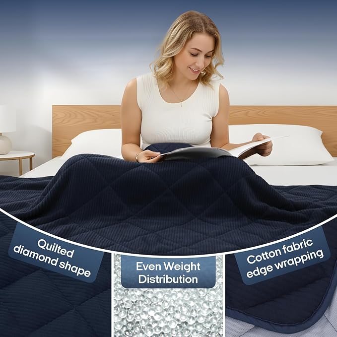 ZonLi 15lbs Weighted Blanket for Adults Sleeping, Double-Sided All Season Reversible 75D Cooling Mesh & Warm Ribbed Microfiber, 48"x72" Navy Blue, Machine Washable