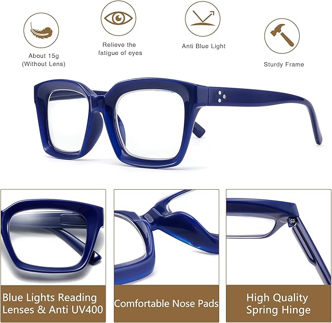 Readers for Women Oprah Style Square Reading Glasses with Spring Hinge Blue Light Blocking for Men Ladies