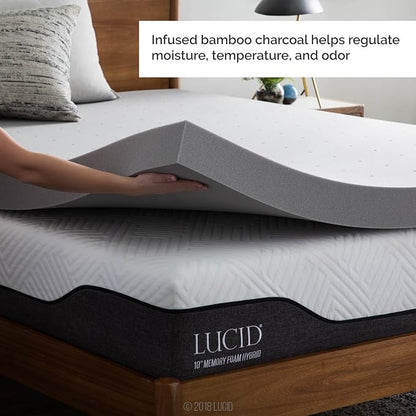 Lucid 4 Inch Bamboo Charcoal Infused Memory Foam Mattress Topper - Twin XL Size – Moisture and Odor Control - Ventilated - Ultra Plush Feel, Pressure-Relief Bed Topper – CertiPur Certified