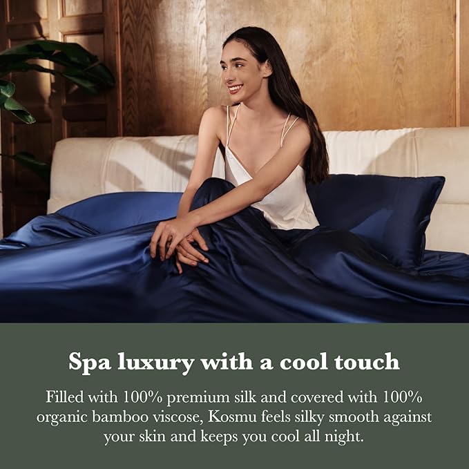 Silk Comforter Queen Size | 100% Mulberry Silk Fill with Organic Bamboo Viscose Shell | Summer Cooling Blanket for Hot Sleepers, Lightweight Breathable All-Season Bedding (Blue, 90"x90")