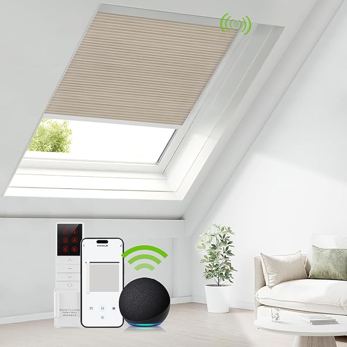 ZSTARR Motorized Skylight Shades Blackout Cellular Honeycomb Electric Blinds with Solar Panel Cordless Rechargeable with Remote for Roof and Slanted Windows Custom Size (BO Printed Vanilla Fawn)