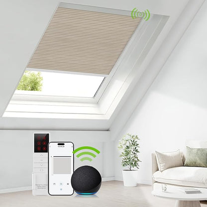 ZSTARR Motorized Skylight Shades Blackout Cellular Honeycomb Electric Blinds with Solar Panel Cordless Rechargeable with Remote for Roof and Slanted Windows Custom Size (BO Printed Vanilla Fawn)
