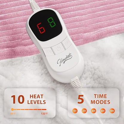Homemate Electric Heated Blanket Twin Size - 62"x84" Heating Blanket Twin Size 1/2/4/6/8 Hours Auto-Off 10 Heat Level Over-Heat Protection Soft Flannel Sherpa ETL Certification