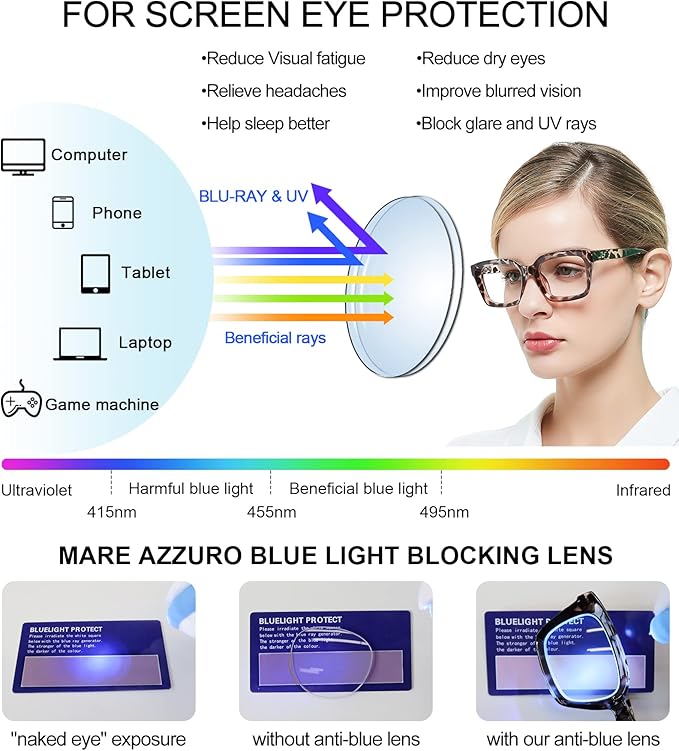 MARE AZZURO Computer Glasses Women's Blue Blocking Eyewear Stylish Gaming Eyeglasses for Female No Magnification