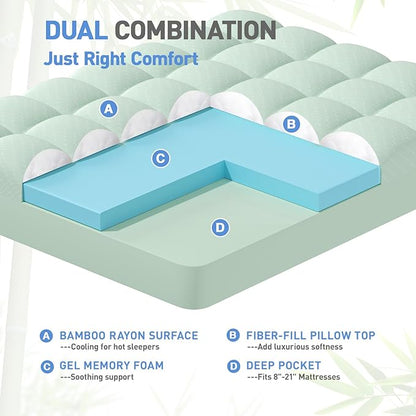 Dual Layer 3 Inch Memory Foam Mattress Topper Queen Size, 2 Inch Gel Memory Foam Plus 1 Inch Cooling Pillow Top Mattress Pad Cover, with 8-21 Inch Deep Pocket, Green