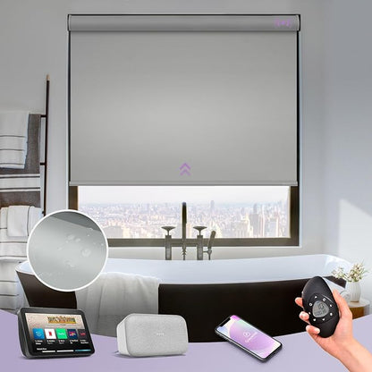 Graywind Motorized Roller Shade Blinds 100% Blackout Shades Cordless Waterproof Remote Control Window Automated Blinds with Valance Custom Size for Smart Home and Office, Light Grey