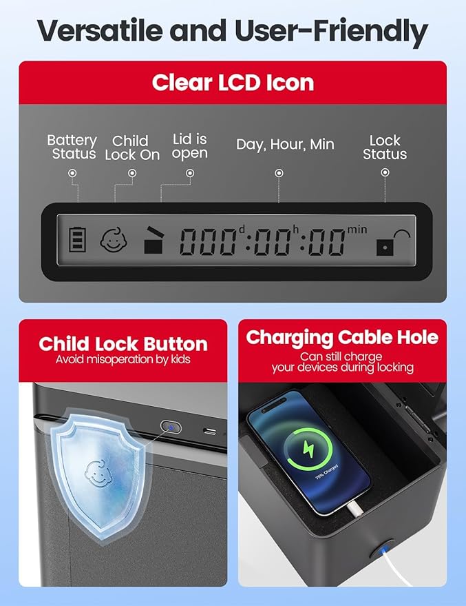 Vaydeer Metal Timed Lock Box, Phone Lockbox with Timer, Time Locking Safe, Self-Control Container with USB C Charge,Child Lock, Audio Prompt, Time Release Storage Locker for Phone/iPad Mini/Medicine