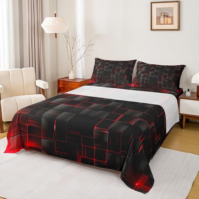 Manfei Abstract Sheet Set Queen Size, Modern Geometric Square Grid Bedding Set for Kids Boy Girl Room Decor, Red and Black Bed Sheet Set 4pcs with Deep Pocket Fitted Sheet + Flat Sheet + 2 Pillowcases