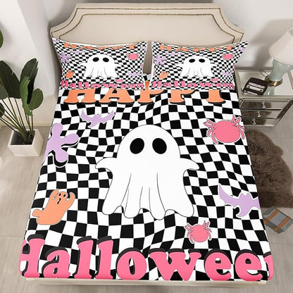 Happy Halloween Bedding Set Full Size,Geometric Black White Plaids Patchwork Fitted Sheet,Cartoon Ghost Bat Spider Graffiti Sheet Set for Kids Teens Adults Bedroom Decor,2 Pillowcases
