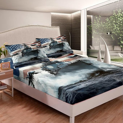 Warship Kids Fitted Sheet Full Size,Warplane Aviation Aircraft Combat Ship in The Sea Bedding Set,Boys Men Room Decor,Tie-dye Ink American Flag Bed Cover,Grey Bed Sheet,2 Pillowcases(No Top Sheet)