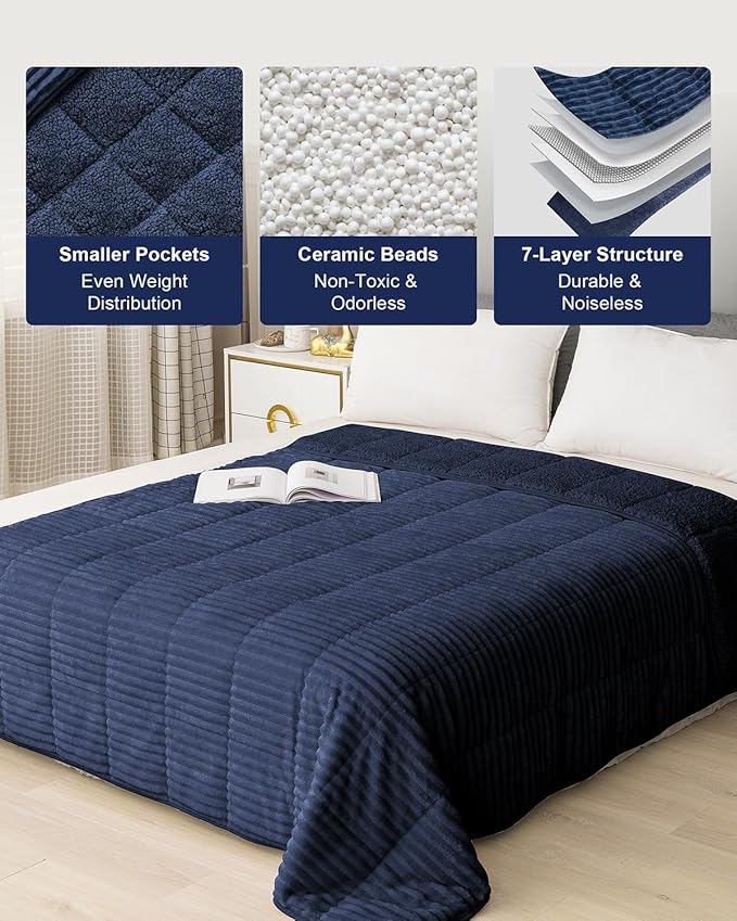 Sherpa Fleece Adult Weighted Blanket 20lbs with Ribbed Stripes, Dual Sided Fuzzy Warm Blanket for Couch Bed Sofa, Heavy Thick Blankets with Ceramic Beads Great for Sleep, Navy Blue, 60" x 80"