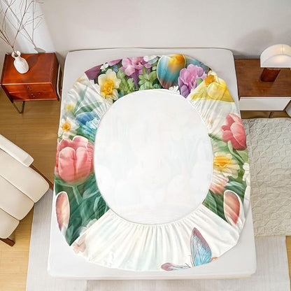 Kawaii Rabbits Fitted Sheet Queen Size Spring Easter Bunny Flower Bedding Set for Kids Bedroom Tulip Easter Egg Floral Bed Sheet Set 3pcs Colorful Deep Pocket Mattress Cover,No Top Flat