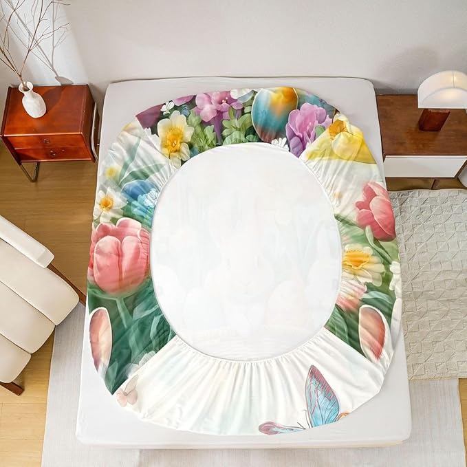 Kawaii Rabbits Fitted Sheet Full Size Spring Easter Bunny Flower Bedding Set for Kids Bedroom Tulip Easter Egg Floral Bed Sheet Set 3pcs Colorful Deep Pocket Mattress Cover,No Top Flat