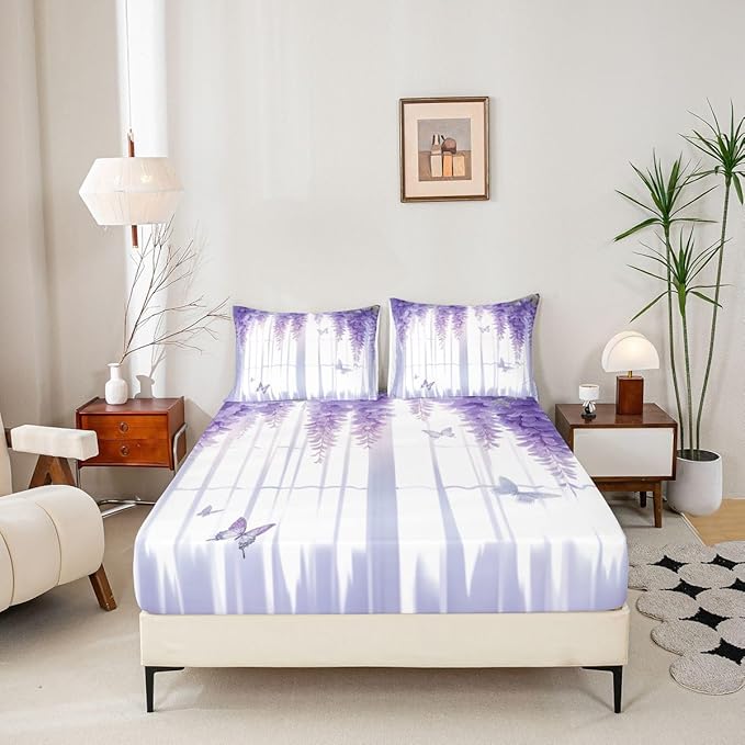 Lavender Kids Full Size Fitted Sheet,Floral Butterfly Spring Boys Girls Bed Sheets,Lilac Flower Leaves Dreamy Room Decor,Purple Bedding Set,2 Pillowcases(No Flat)