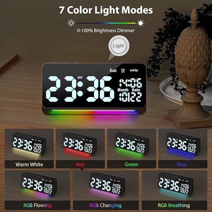 120db Super Loud Alarm Clocks for Heavy Sleepers adults , 15 Wake Up Sounds Alarm Clock for Heavy sleepers , 7 Color Night Light, Dynamic RGB Color , 0-100% Dimmer, Snooze, DST , Large LED Display