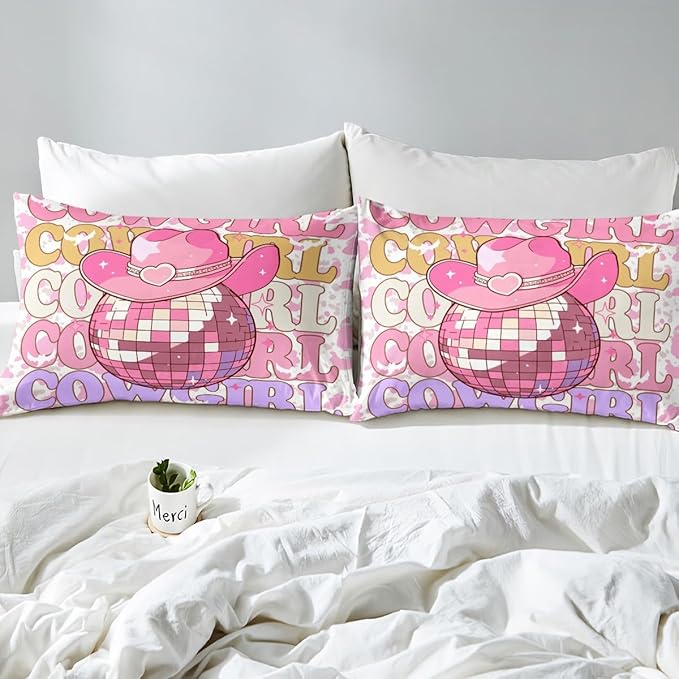 Western Cowgirl Bedding Set Twin Size Pink Cowboy Hat Glitter Planet Ball Bed Set for Teens Kids Sheet Rustic Pink Cowhide Cow Fur Print Bed Cover(1 Fitted Sheet+1 Pillow Case)