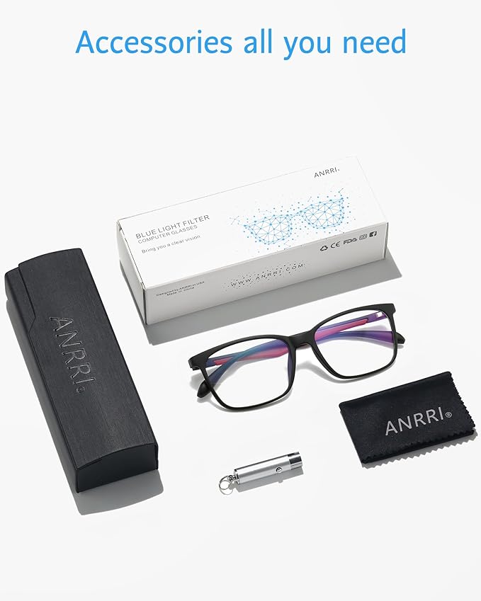 ANRRI Blue Light Blocking Glasses, Anti Eyestrain Lens Lightweight Frame Eyeglasses, Black Fream Red Temple, Men/Women…