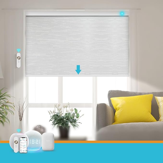 Motorized Blinds with Remote, Smart Blind Roller Shades Compatible with Alexa, Durable Rechargeable Battery Solar Power Electric Window Blinds Customized Size (Jacquard Silver White)