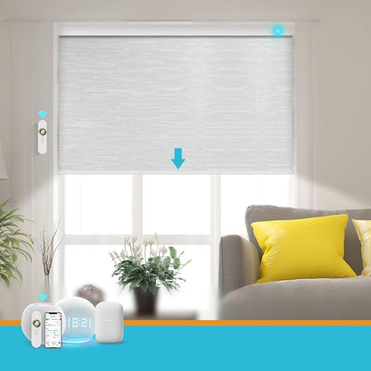 Motorized Blinds with Remote, Smart Blind Roller Shades Compatible with Alexa, Durable Rechargeable Battery Solar Power Electric Window Blinds Customized Size (Jacquard Silver White)