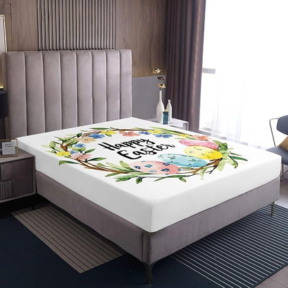 Easter Bed Sheet Queen Size Easter Eggs Flowers Floral Bedding Set Farmhouse Spring Holiday Fitted Sheet Kids Boys Girls Room Decor White Colorful Soft Sheets with 2 Pillowcase,No Top Flat