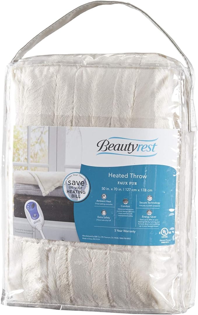 Beautyrest Duke Blanket Luxury Oversize Electric Throw Premium Soft Cozy Brushed Long Faux Fur for Bed, Couch with 3 Heat Setting Controller, Auto Shut-Off Function, Champagne, 50 in x 70 in