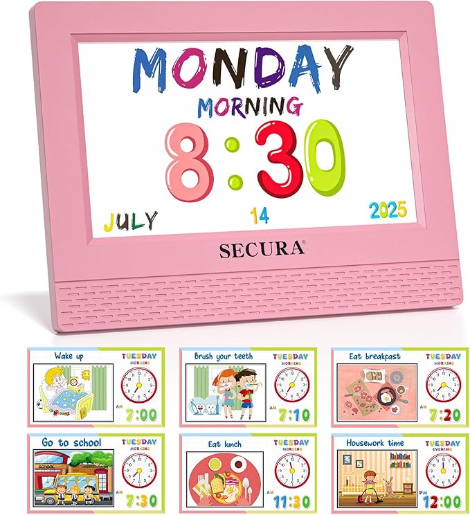 Secura TimeTact Reminder for Kids, 7" LED Talking Alarm Clock with Countdown Visual Timer, 17 Daily Reminders & 5 Custom Alarms Habit Reminder and Scheduler (Pink)