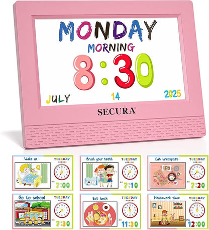 Secura TimeTact Reminder for Kids, 7" LED Talking Alarm Clock with Countdown Visual Timer, 17 Daily Reminders & 5 Custom Alarms Habit Reminder and Scheduler (Pink)