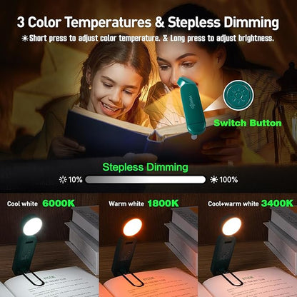 VAVOFO USB Rechargeable Book Light, Blue Light Blocking, Amber Light Clip On Bookmark Shaped Reading Light, Eye Care 6 LEDs Book Light for Bookworms Reading in Bed with 9 Lighting Modes (Dark Green)