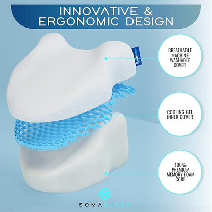 SelectSoma Knee Pillow for Side Sleepers with Cooling Memory Foam Gel Cover - Leg Cushion for Pain Relief in Sciatica, Back, Hips, Knees, and Joints - Body Positioner for Maternity, Rest, and Sleep