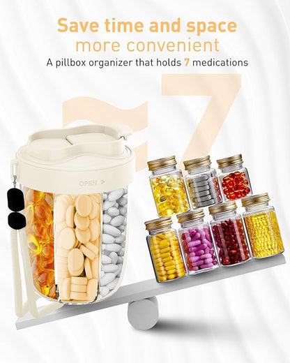 Large Pill Organizer,Supplement Organizer for 7 Different Vitamins,Pill Dispenser with Anti-Mixing Design,Easy to Retrieve Meds,Includes 20 Pcs Labels,Travel Pill Organizer (Cream White)