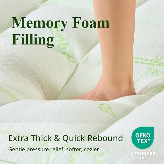 Memory Foam Mattress Topper - Viscose Made from Bamboo Pillow Top Thick Twin Size Mattress Pad for Back Pain, Ultra Soft & Cooling for Hot Sleepers, 6-18'' Deep Pocket, Green