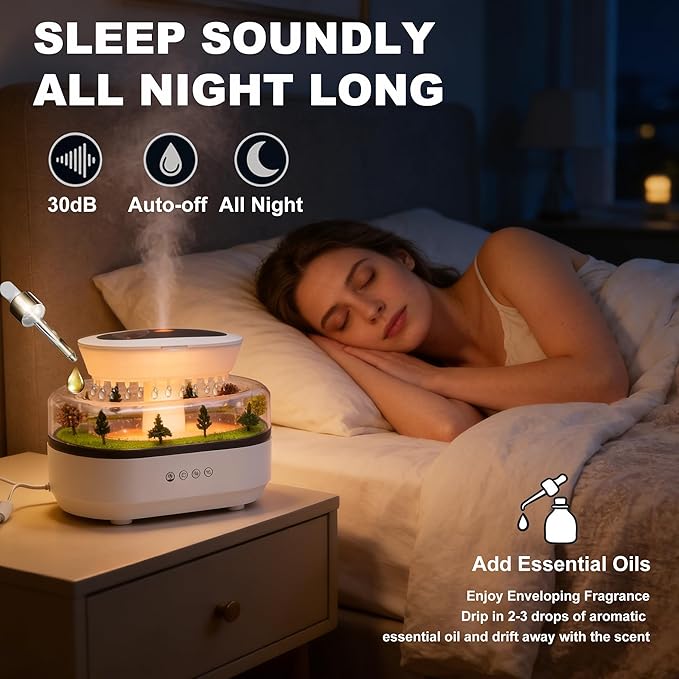 Rain Water Dripr Sounds Essential Oil Diffusers, 7 Colors Rainfall Cloud Humidifier, Silent Rain Lamp Timing Humidifiers with Drip Music Micro Landscape Ultrasonic Diffuser for Bedroom Office Hotel