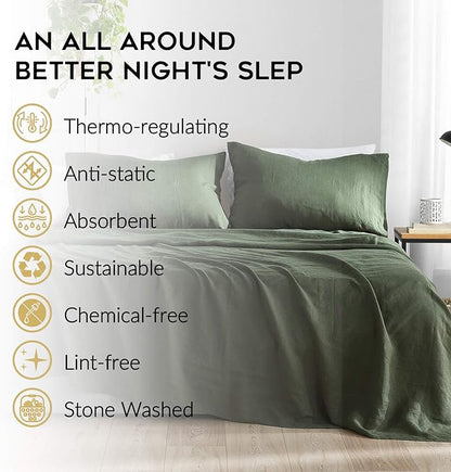 YnM French Linen Sheet Set - 3-Piece Set Includes Flat Sheet, Fitted Sheet, and 1 Pillowcases – Twin, Army Green