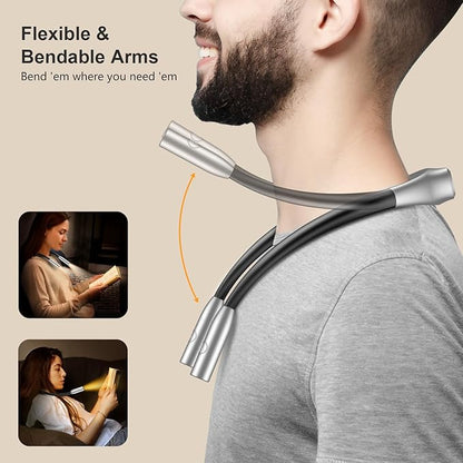 Gritin LED Neck Reading Light,Book Light for Reading in Bed-Eye Caring 3 Colors, Dimmable Brightness, Bendable Arms, 80+Hrs Runtime, Neck Round Design, Lightweight for Crafting, Knitting-Gray