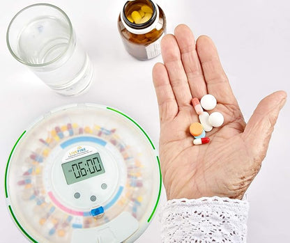 Live Fine Automatic Pill Dispenser with 28-Day Electronic Medication Organizer, 6 Dosage Templates, Easy-Read LCD Display, Sound & Light Alerts & Key for Prescriptions, Vitamins, Supplements & More