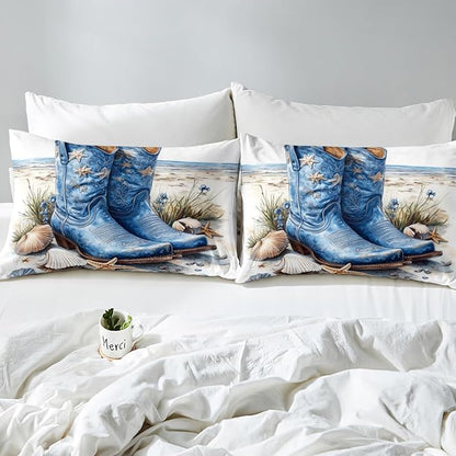Western Boots Bed Sheet Set 3 Pieces,Tribal Cowboy Rustic Farmhouse Style Bedding Set(No Flat Sheet),Blue Ocean Beach Starfish Shell Conch Vintage Fitted Sheet,2 Pillow Cases,Full Size